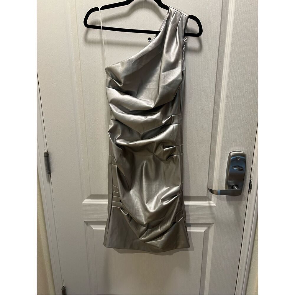 EN SAISON Kaden one shoulder vegan leather Midi Dress Silver Size S NWT$187